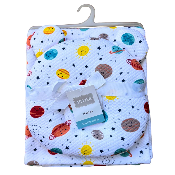 Premium Baby Sommer Baumwolldecke & Kopfformkissen Set - Planeten